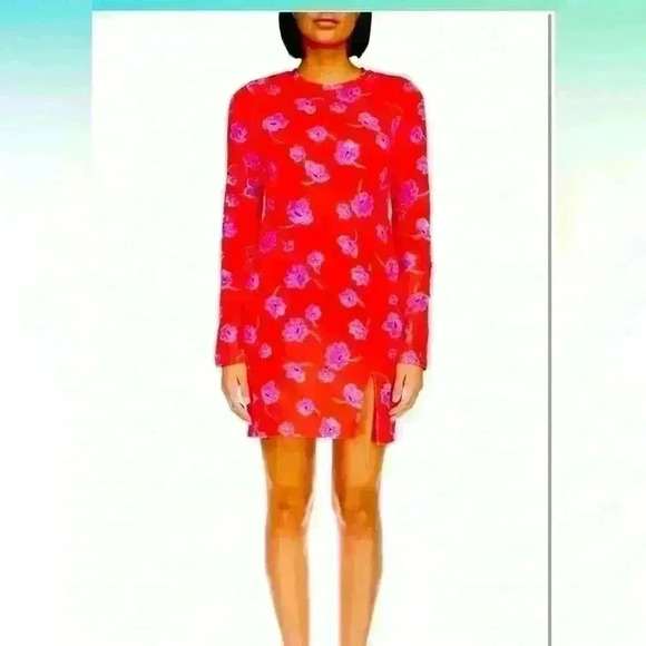 NWT Sanctuary Hem Detail Long Sleeve Red Floral Skimmer Dress Size Medium - Picture 2 of 7